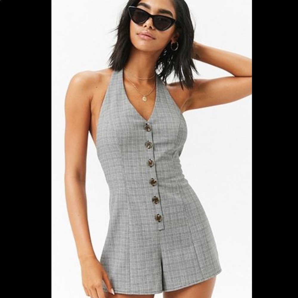 Forever 21 Glen Plaid Button-Up Halter Romper